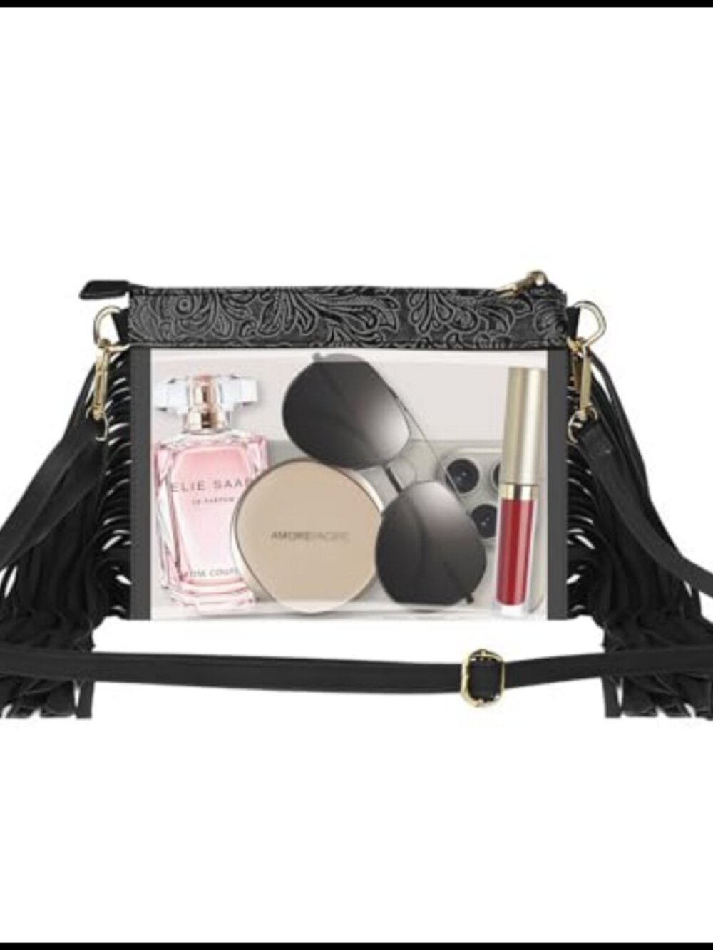Clear Western Crossbody Purse with Leather Fringe Trim Tassel Adjustable Strap